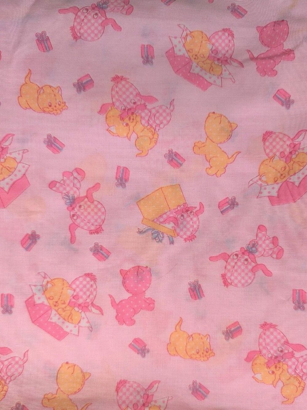 Vintage 70s Novelty Baby Fabric  NURSERY PINK KITTEN Puppy Retro Cotton Blend